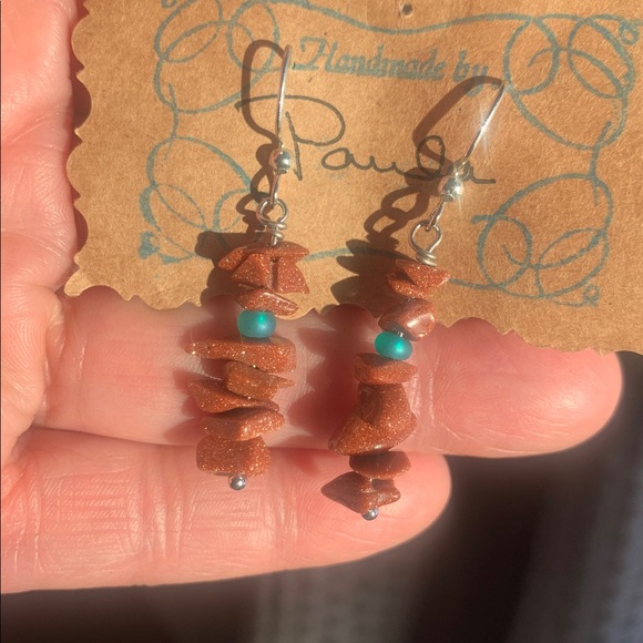 Handmade by Paula Jewelry - Handmade Goldstone Natural Stone w/ Turquoise Glass Bead Earrings